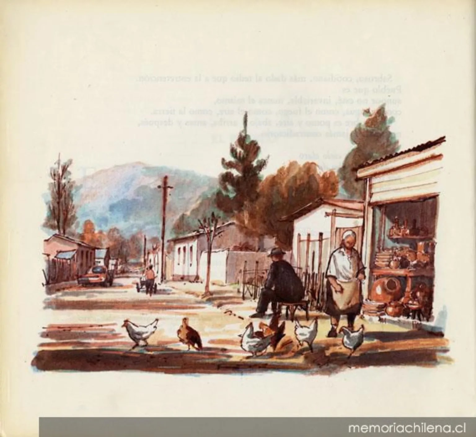 Acuarela histórica del pueblo de Pomaire con alfareros y gallinas