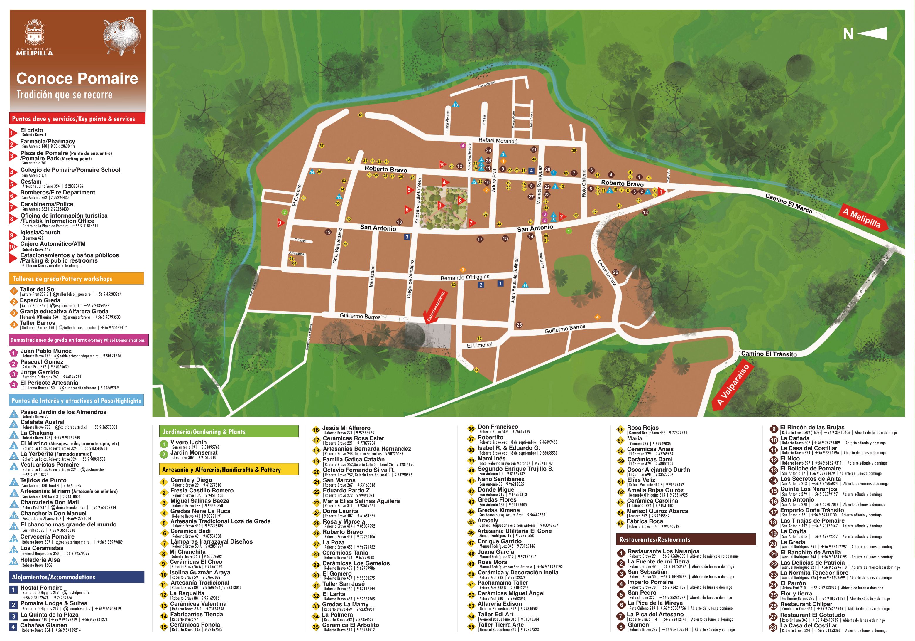 Mapa oficial ilustrado de Pomaire con directorio de talleres de artesanos